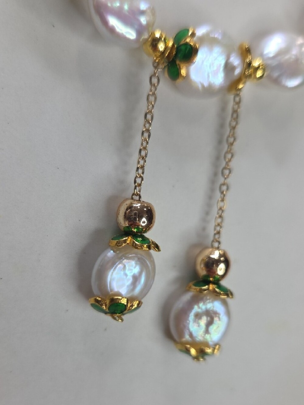 Freshwater Pearl and Green Enamel Flower Accent Necklace & Earring Set 925 - Picture 7 of 7